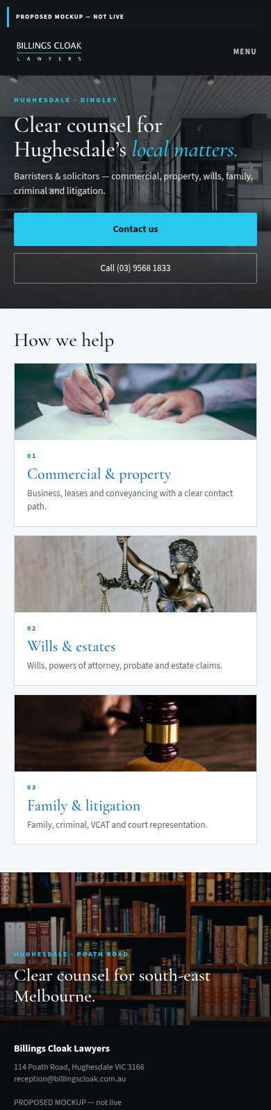Proposed mobile homepage mockup for Billings Cloak Lawyers