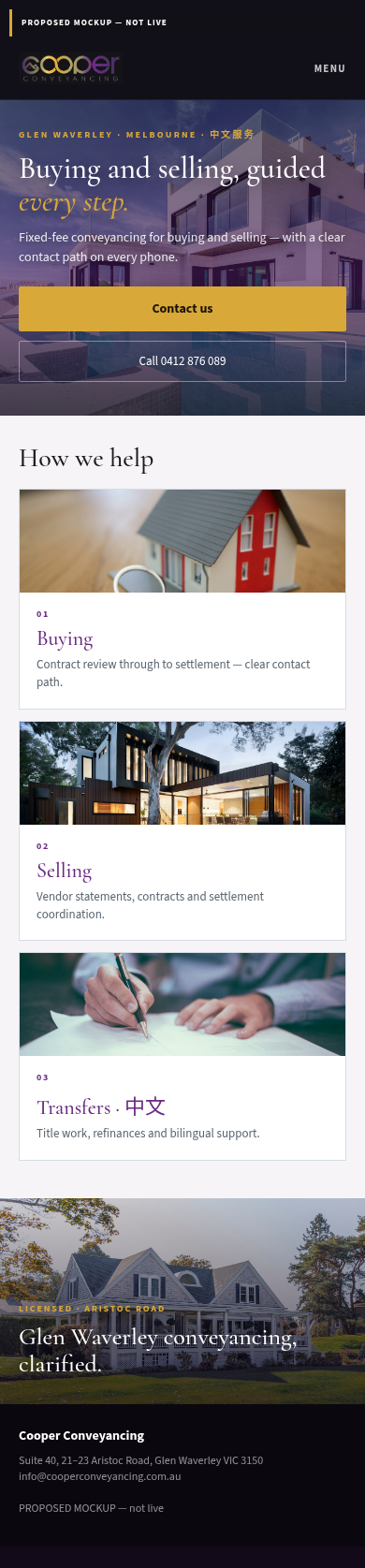 Proposed mobile homepage mockup for Cooper Conveyancing