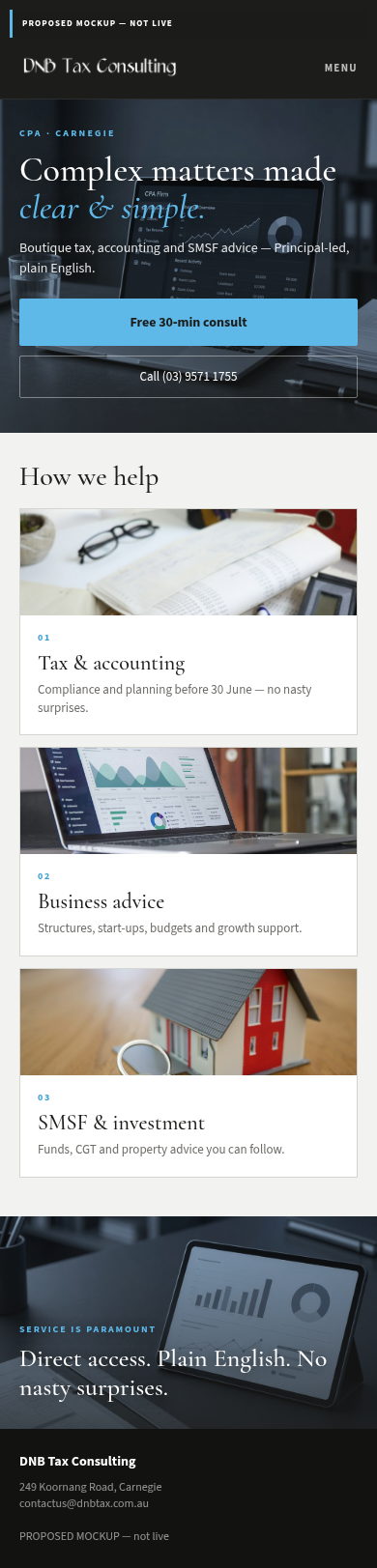 Proposed mobile homepage mockup for DNB Tax Consulting