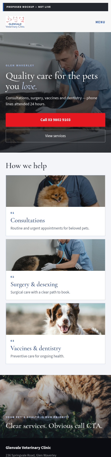 Proposed mobile homepage mockup for Glenvale Veterinary Clinic