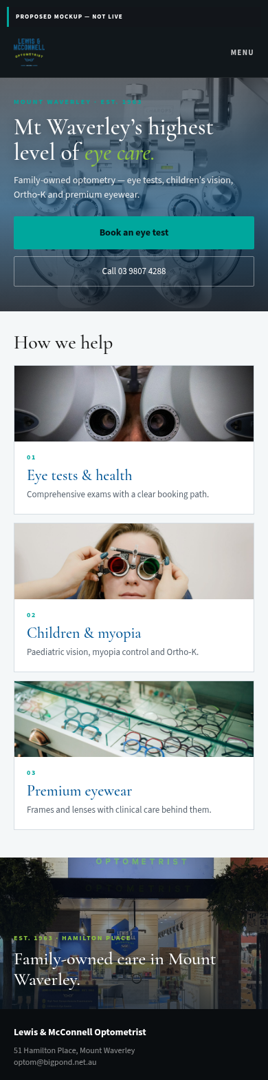 Proposed mobile homepage mockup for Lewis & McConnell Optometrist