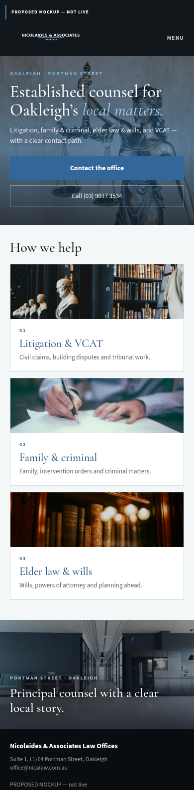 Proposed mobile homepage mockup for Nicolaides & Associates Law Offices
