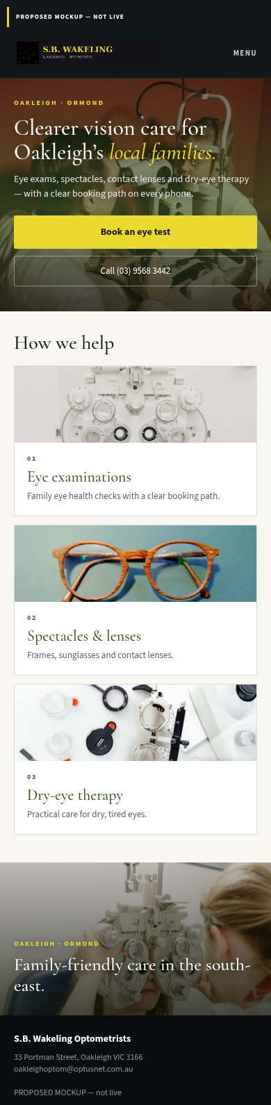 Proposed mobile homepage mockup for S.B. Wakeling Optometrists